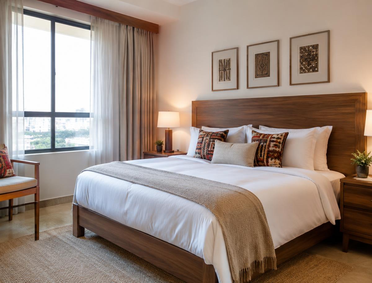 Warm, immaculate bedroom at the Kilimani Garden Suite